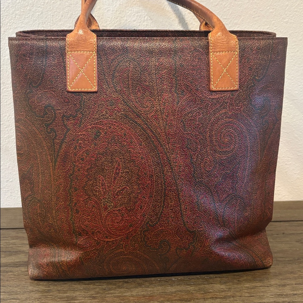 [Etro] Paisley Medium Leather Top Handle Tote Bag Handbag Purse, Brown/Red - Picture 4 of 13